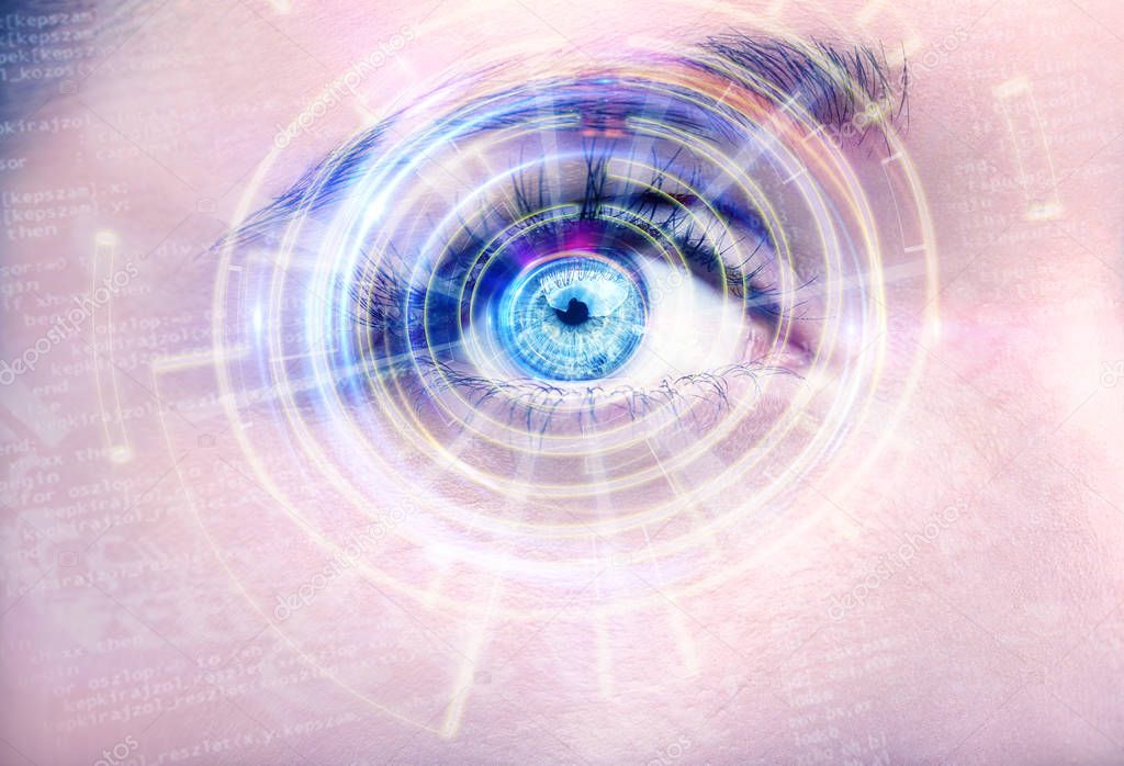 Abstract  eye with digital circle. Futuristic vision science and identification concept