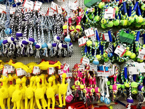 RISHON LE ZION, ISRAEL - 2 DE FEBRERO DE 2018: Diferentes juguetes para perros en forma de bolas y pollas se venden en la tienda . —  Fotos de Stock