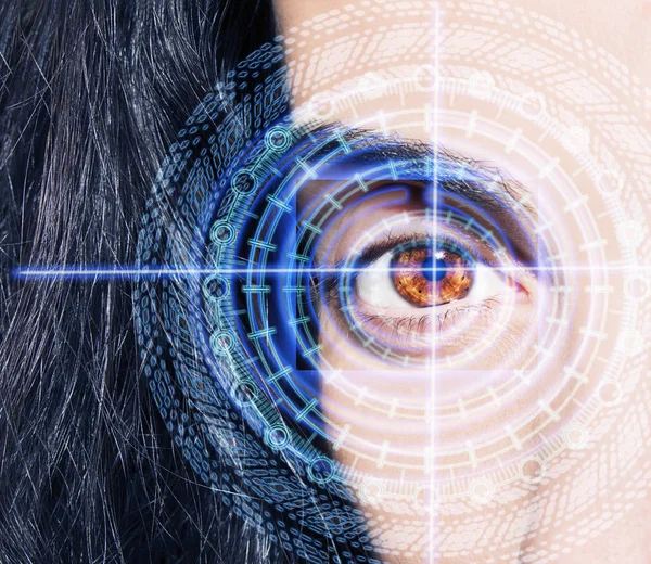 Abstrakt öga med digital cirkel. Futuristisk vision science och identifiering koncept. — Stockfoto