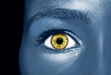 Parlak mavi, profesyonel makyaj. Güzel metalik cilt, yakından..