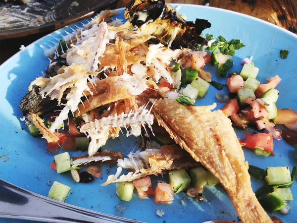 Balık kemikleri ve mavi tabak salataya. — Stok fotoğraf