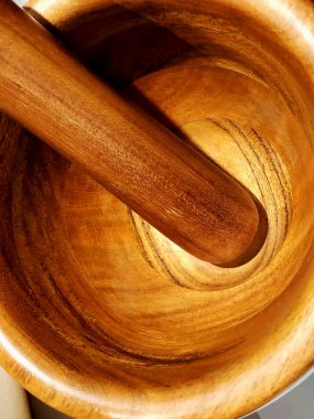 Ahşap harç yakın çekim. Mutfakta kullanılan. Kahverengi harç.