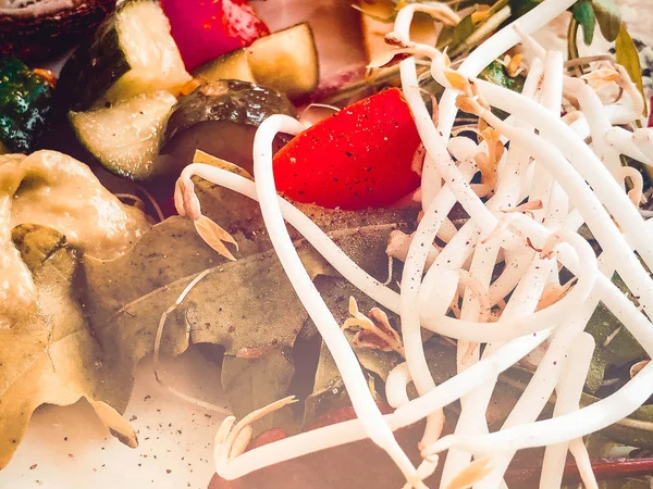 Śniadanie z mięsem mielonym z grzybami, pomidorami wiśniowym i ogórkami oraz listwami sałaty. — Zdjęcie stockowe