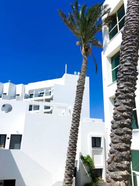 Geleneksel beyaz mimari ve Nahariya, Israil güzel mavi gökyüzü karşı palmiye ağaçlarının yanında ayakta