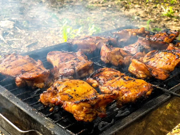 Pollo a la parrilla. Primer plano de carne roja y patas de pollo a la parrilla durante el picnic . —  Fotos de Stock