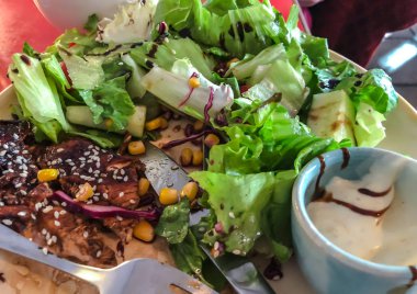 Tavuk biftek, salatalık, susam, Mısır sos ile yeşil yaprakları salata