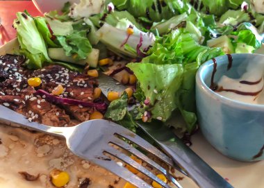 Tavuk biftek, salatalık, susam, Mısır sos ile yeşil yaprakları salata