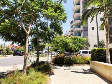 Rishon Le Zion, İsrail, 07 Ekim 2019: Rishon Le Zion, İsrail sokaklarındaki konut binaları ve bitkiler