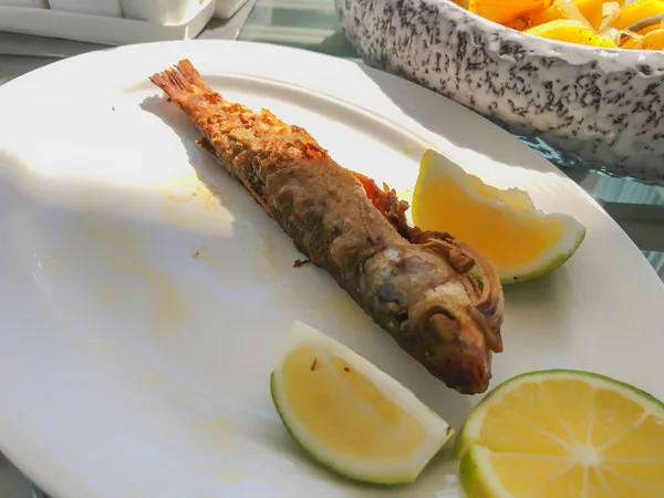 Poisson frit dans une assiette avec tranches de citron vert — Photo