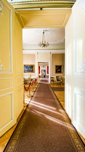 LVIV, UCRANIA - 7 DE DICIEMBRE DE 2019: Salón largo con alfombra. Hermoso interior en el edificio . — Foto de Stock