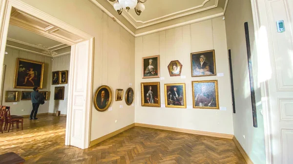 LVIV, UCRANIA - 7 DE DICIEMBRE DE 2019: Vista interior del hermoso museo de pinturas en el Palacio de Potocki . — Foto de Stock