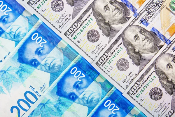 Banknoty w Izraelu i USA. Szekla i amerykańskich dolarów. — Zdjęcie stockowe
