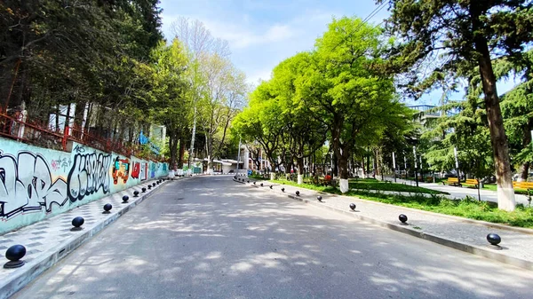 TBILISI, GEORGIA - 18 de abril de 2020: Vazio Tbilisi, Rua é normalmente cercada por compradores e tráfego . — Fotografia de Stock