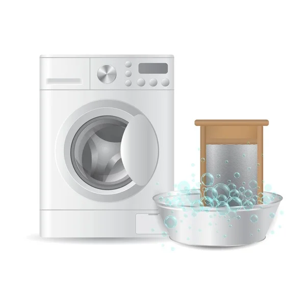 Vektor reális automata mosógép és bordázott kézi mosódeszka fém medencében — Stock Vector