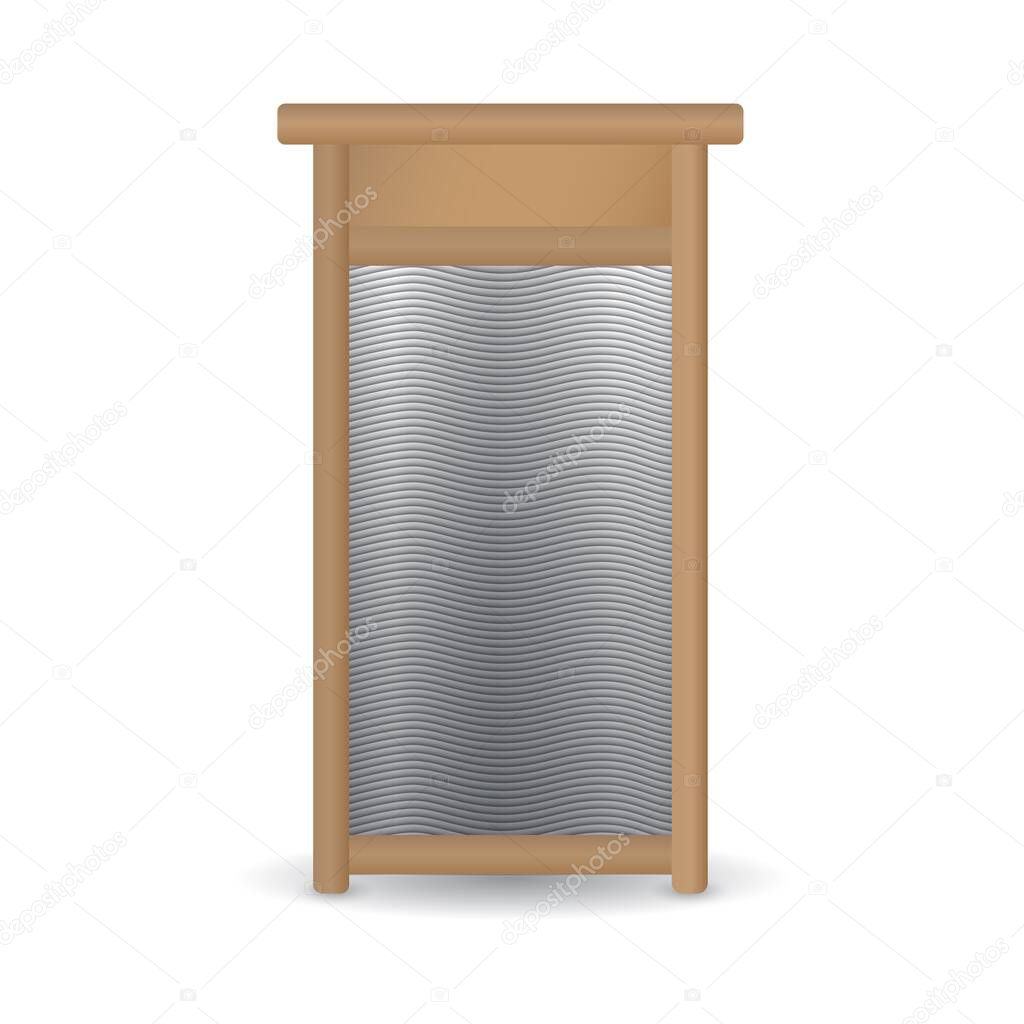 Vector realistic hand ribbed metal washboard in wooden frame