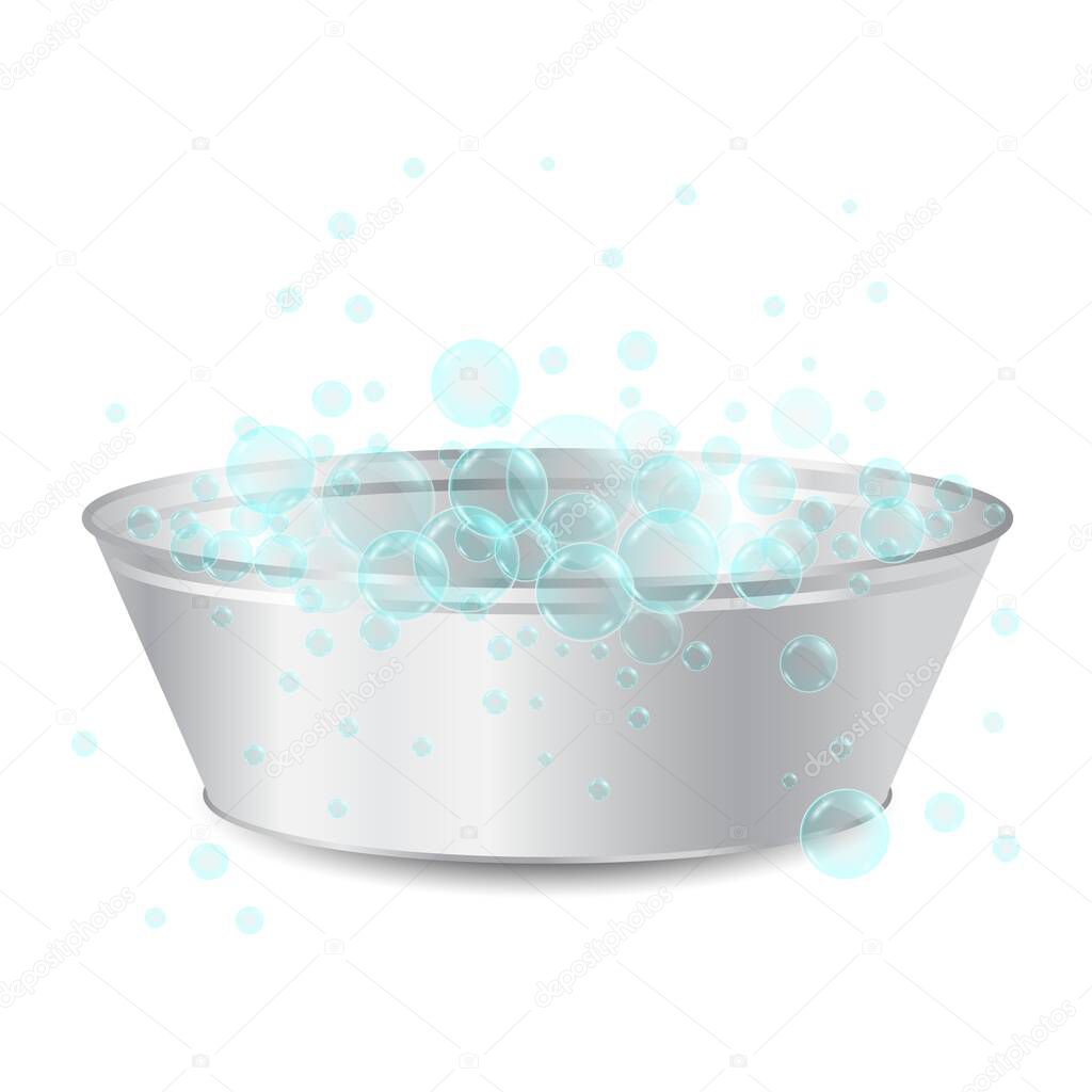 vector realistic metal bowl or basin for washing with soap bubbl