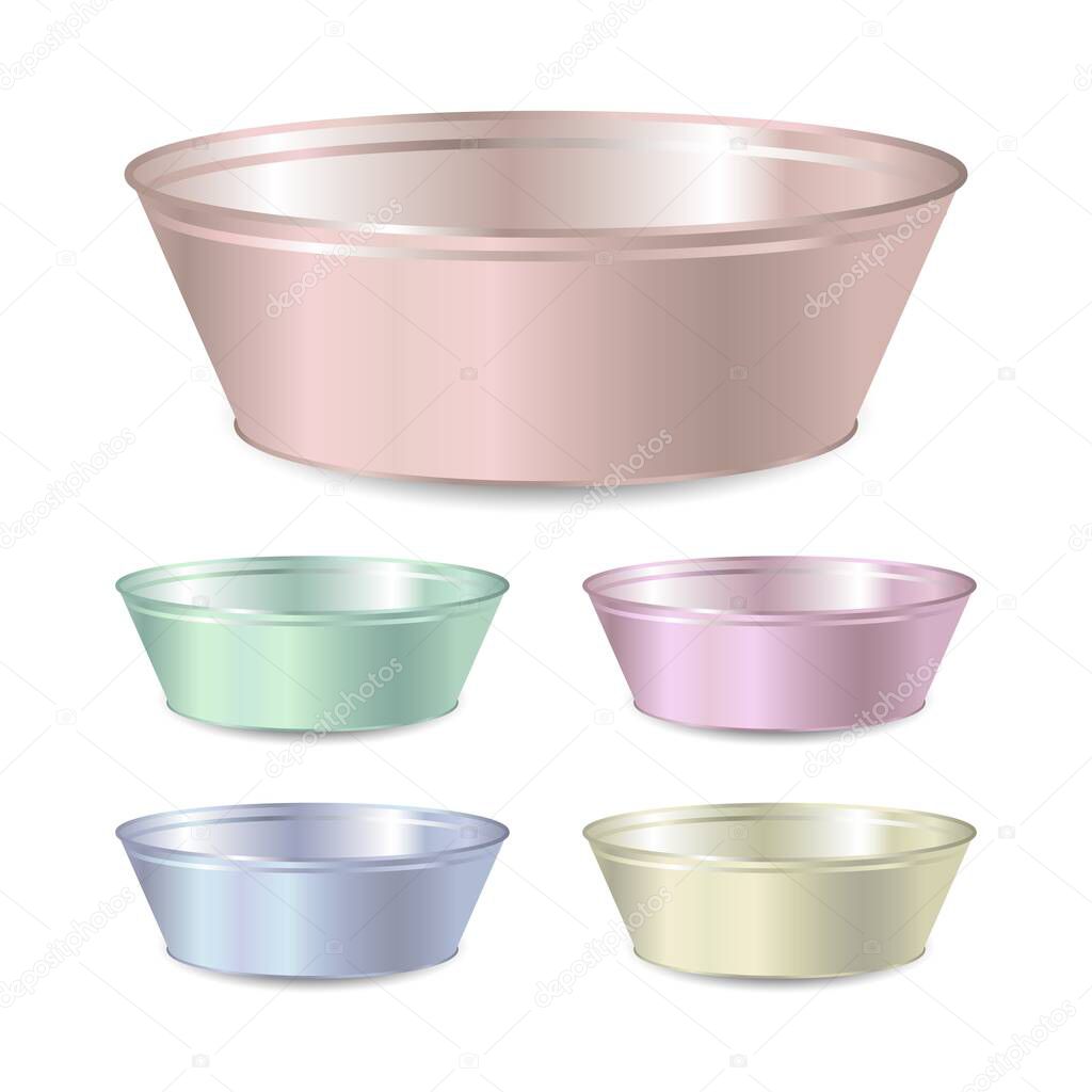 Set of vector color realistic metal bowl or basin for washing