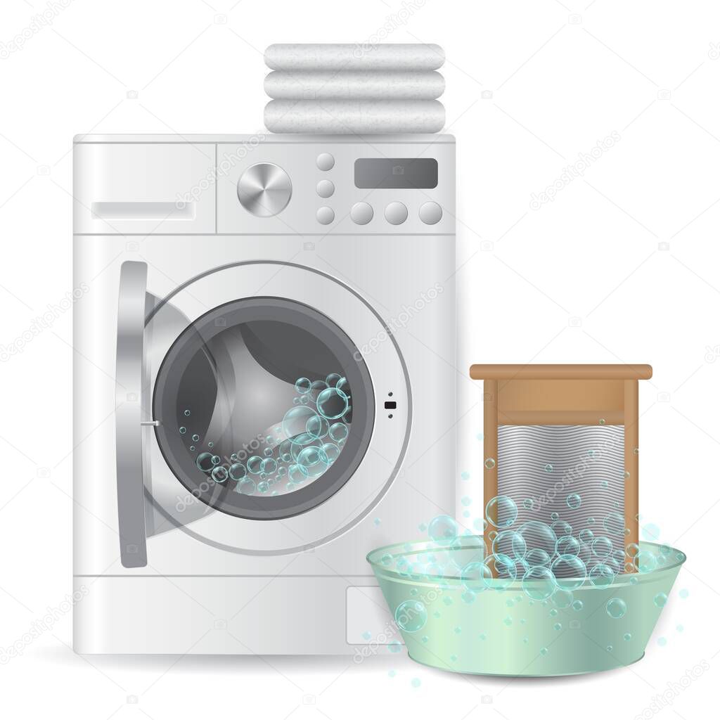 Vector realistic automatic open washing machine with pile of white terry towels and ribbed hand washboard in metal basin isolated on white background