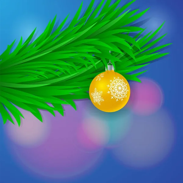 Carte de voeux vectorielle nouvelle année avec branches vertes épicéa sur fond bleu flou. Illustration réaliste de Joyeux Noël boule d'or — Image vectorielle