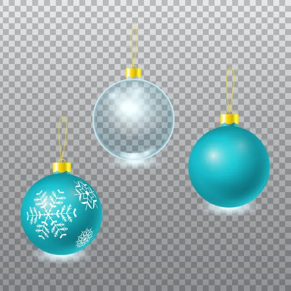 Conjunto de bolas de árbol de navidad de vidrio colorido vector colgando en ojales de oro . — Archivo Imágenes Vectoriales