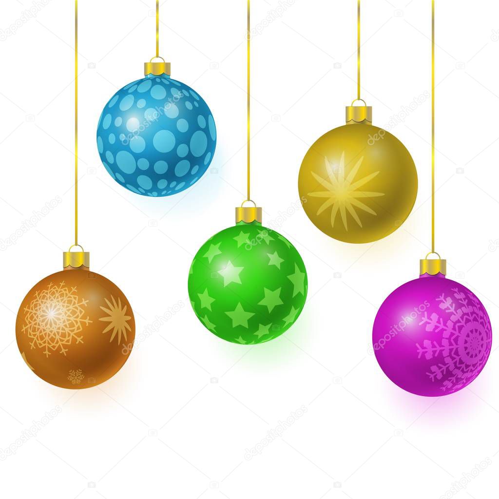 set of vector colorful glass christmas tree balls hanging on gold eyelets