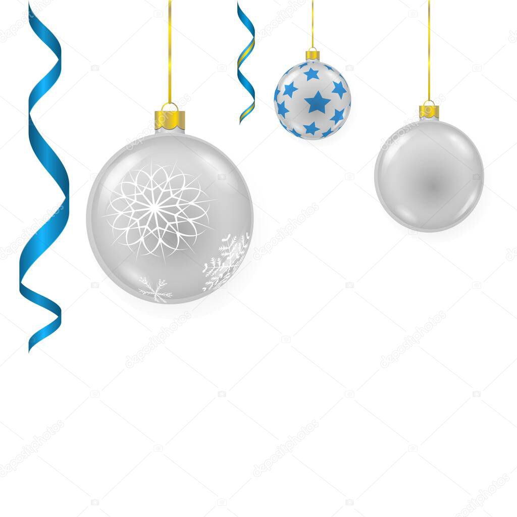set of vector colorful glass christmas tree balls hanging on gold eyelets.