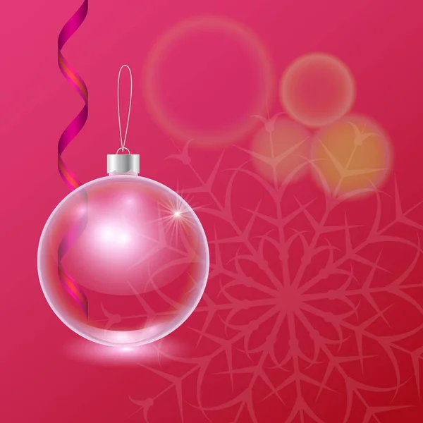 Vektor rote Vorlage für Weihnachtskarte mit transparenter rosa Glasbaumkugel und der Serpentine von einem Band — Stockvektor