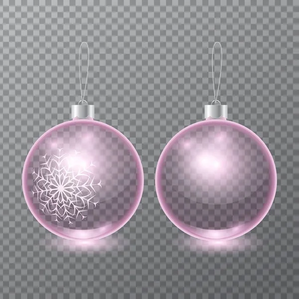 Sada vektoru transparentní růžové sklo vánoční stromeček koule s malovanou sněhovou vločkou izolované — Stockový vektor