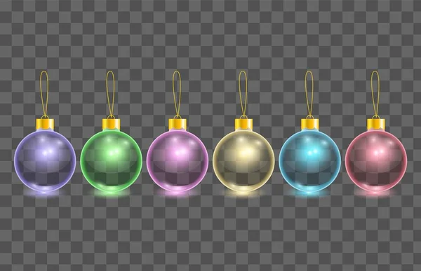 Conjunto de bolas de árbol de navidad de vidrio de color transparente vector colgando aislado — Archivo Imágenes Vectoriales