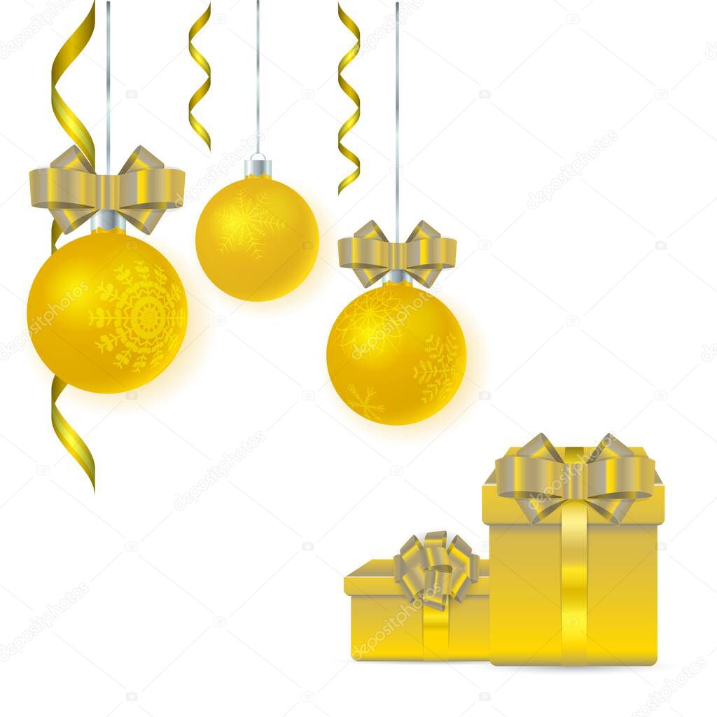 Vector new year greeting card with golden balls and wrapped gifts with bow