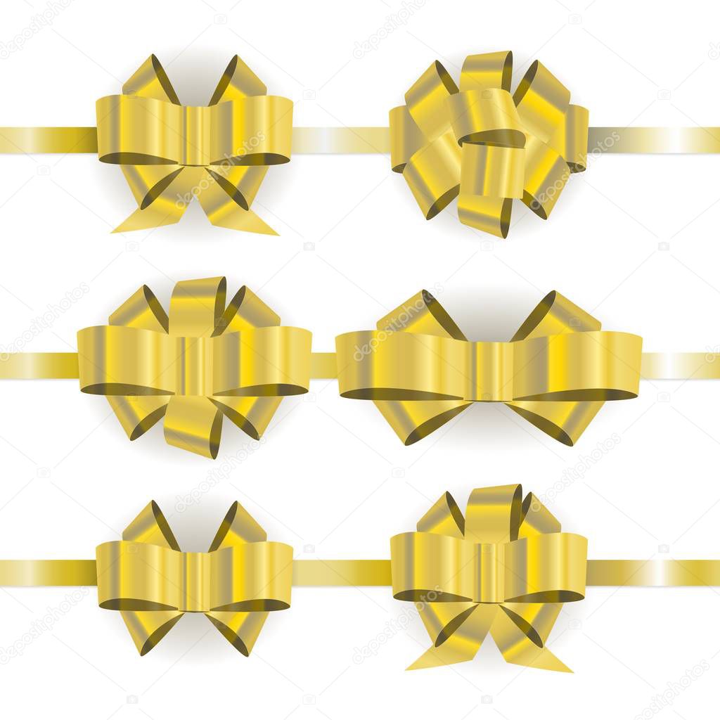Set different vector golden bow isolated on white background. Useful template for beautifying gifts, packages for holiday