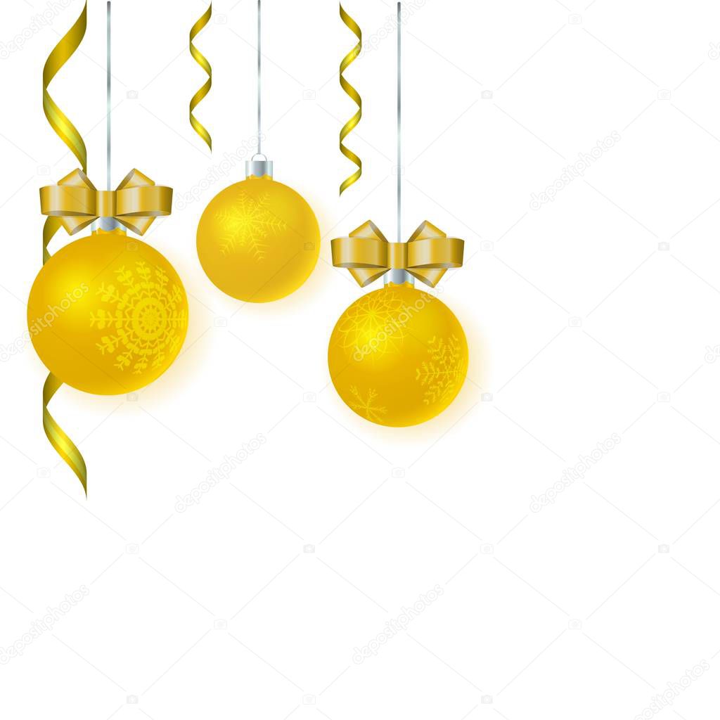 Vector merry christmas template for greeting card, invitation. Golden glossy balls with bows and snowflakes.