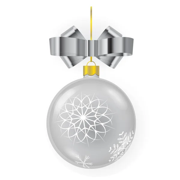 Vector silver new year tree ball with mettalic ribbon bow isolated on white background. — Stock Vector