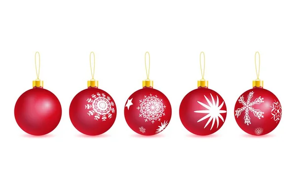 Set of vector red glass christmas tree balls with drawing snowflakes — Stock Vector