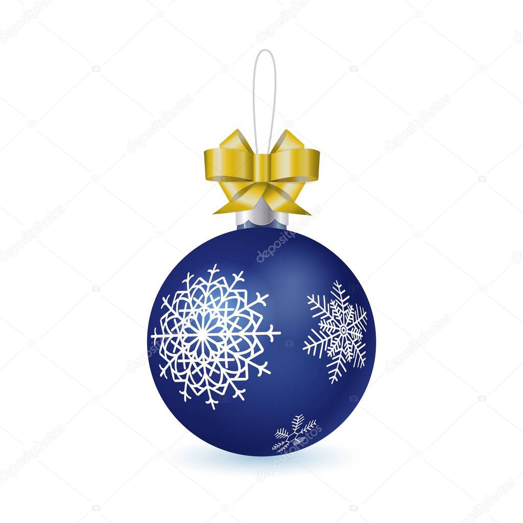 Vector realistic blue glass new year ball with snowflakes pattern decorated with tied golden bow isolated on white background
