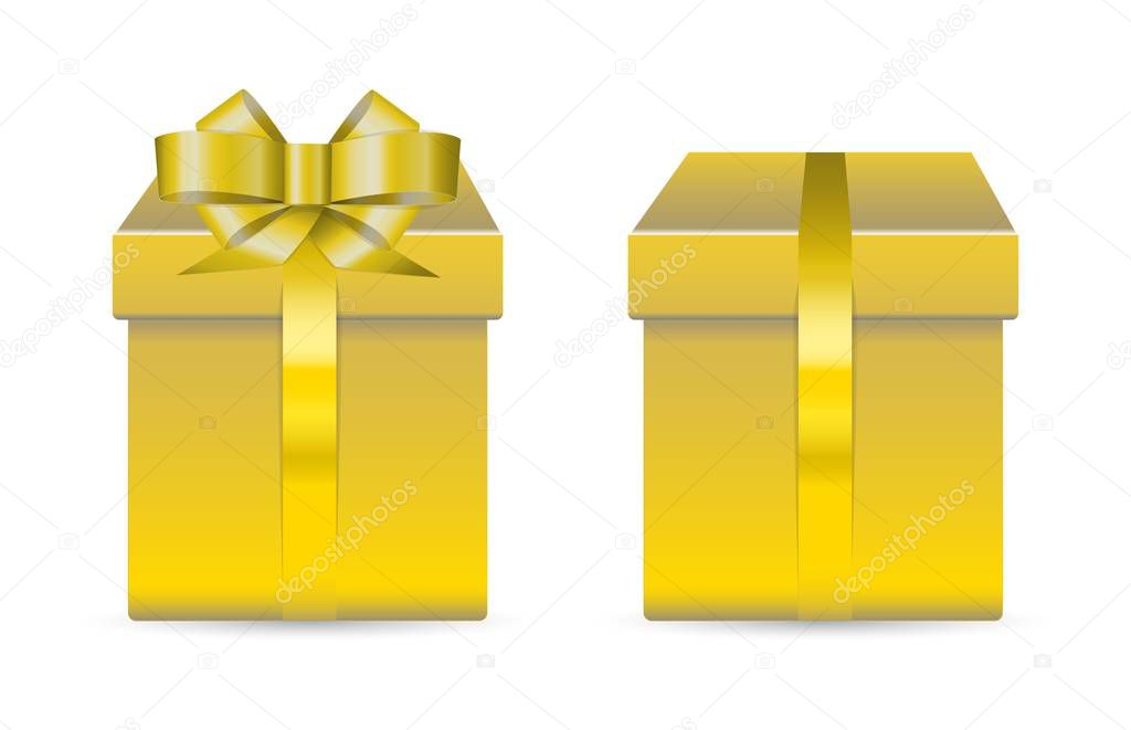 Two vector golden shine boxes for presents decoraned with bow and ribbon. Realistic illustration.