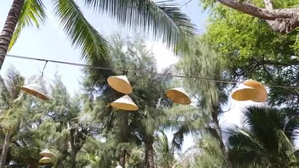 Lámparas con los abusos de gorras vietnamitas ondeando en el viento — Vídeo de stock