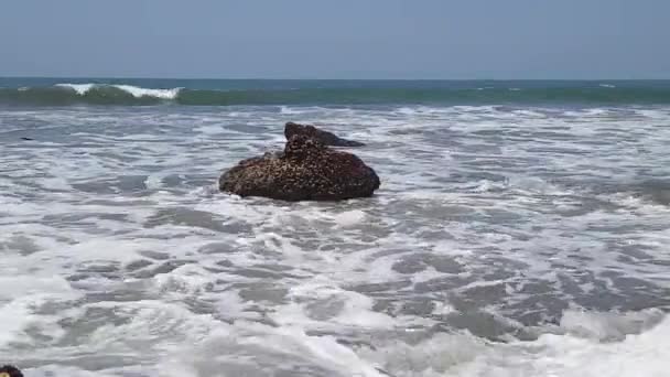 Ondas rompem contra rocha enorme no mar perto da costa . — Vídeo de Stock