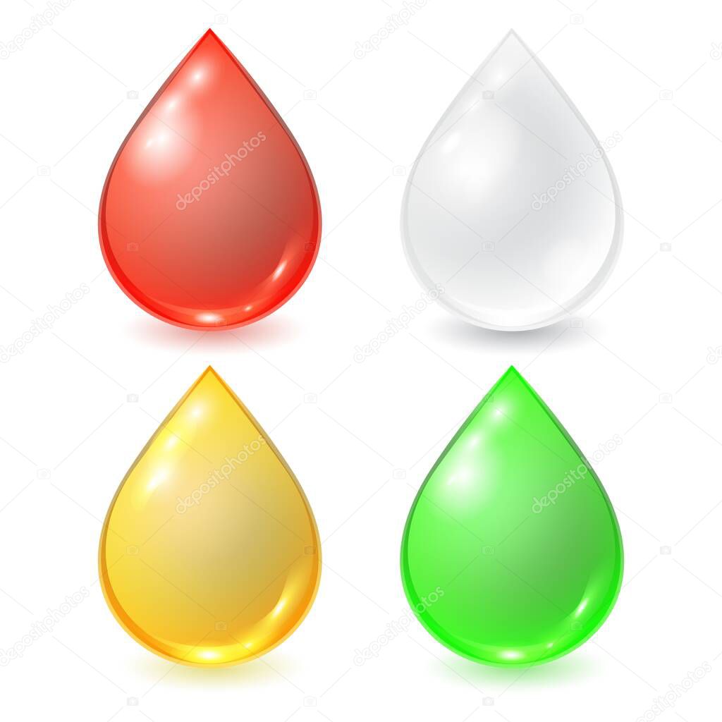 Vector set of different drops - red blood, white cream or milk, yellow honey or oil and green organic droplet. Realistic illustration.