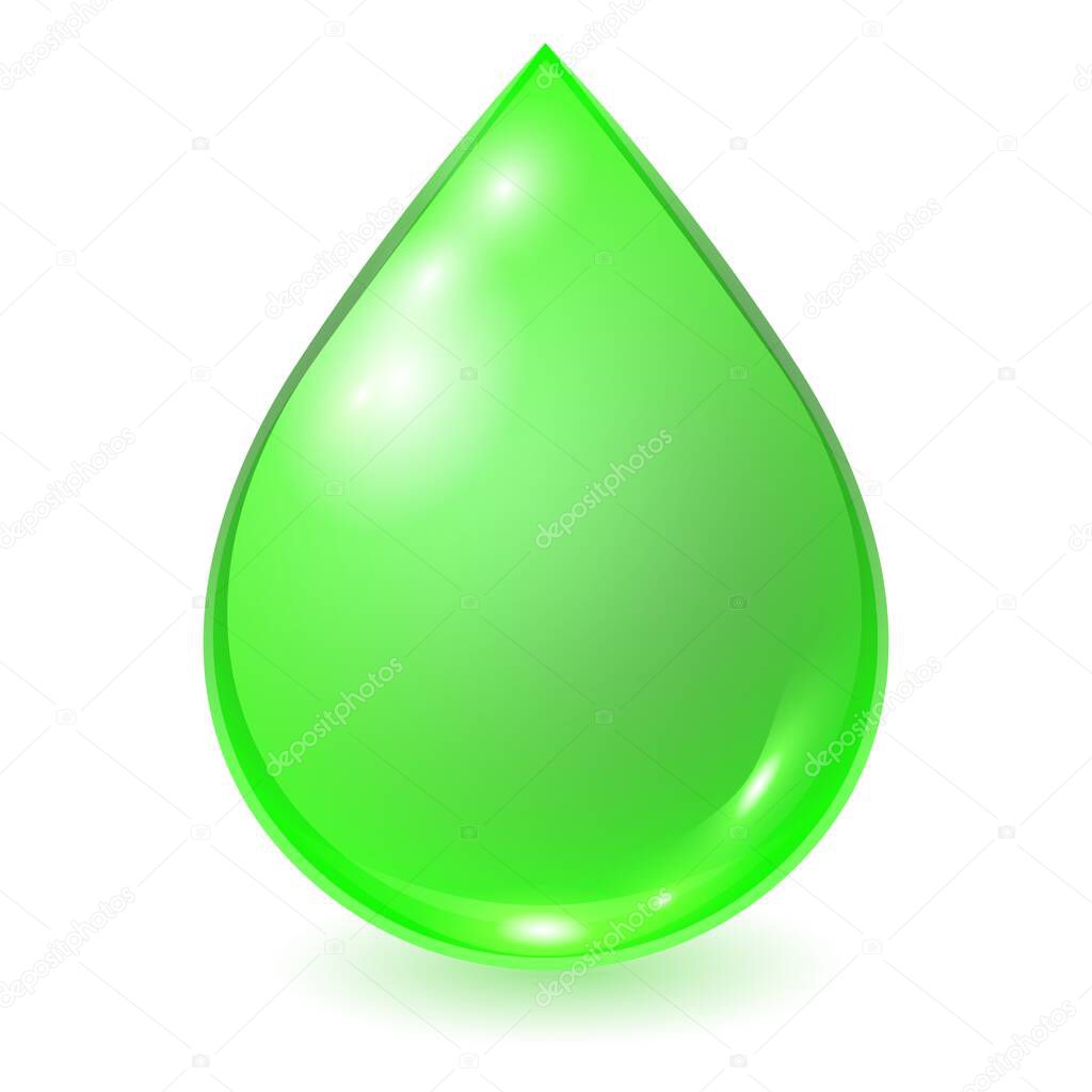 Vector green drop isolated on white background. Falling droplet suitable for ecological template. Realistic illustration.