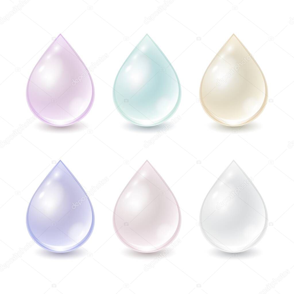 Vector set of cream pastel drops isolated on white background. Different colors droplets can used for template cosmetic ad. Realistic illustration.