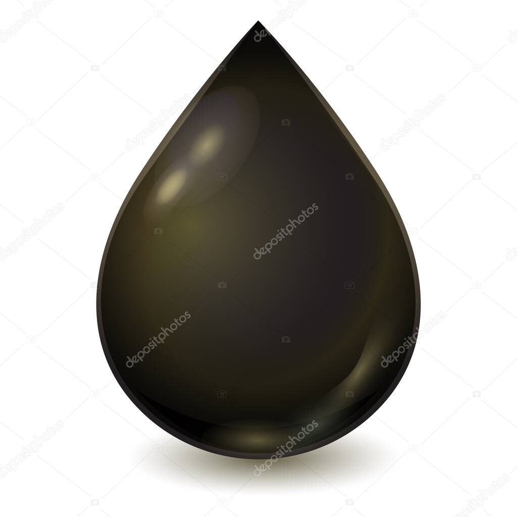 Vector brown drop of crude or petrol isolated on white background. Realistic illustration. Template for petrochemical ad.