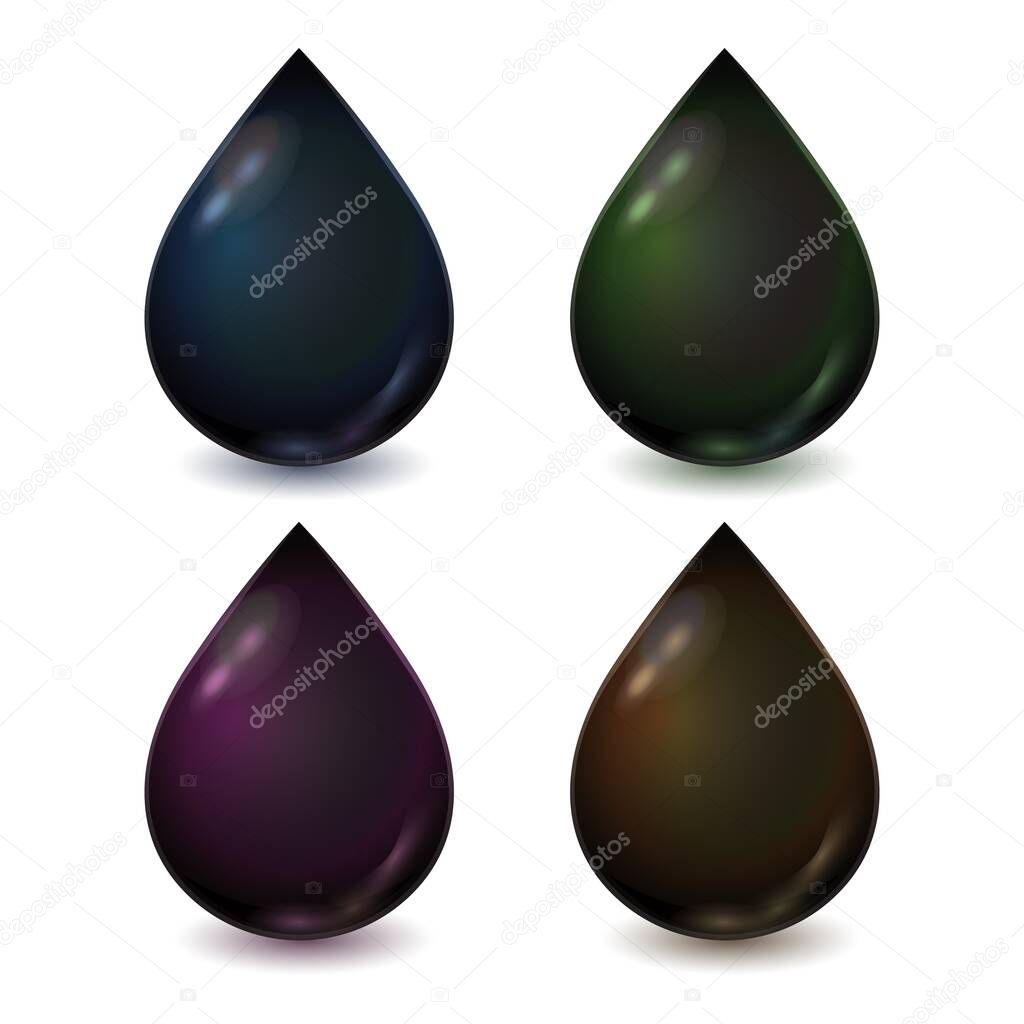 Vector set of different dark drops of crude or petrol isolated on white background. Realistic illustration. Template for petrochemical ad.