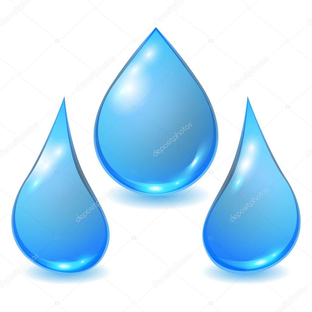 Set vector blue extended water drops isolated on white background.