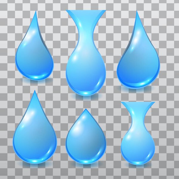 Vector set of different blue dripping water drop isolated on checkered background. Falling clean teardrop. 3D realistic illustration.