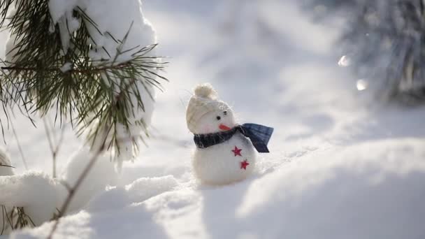 Klein Speelgoed Sneeuwpop Een Sneeuwjacht Onder Een Pine Een Zonnige — Stockvideo