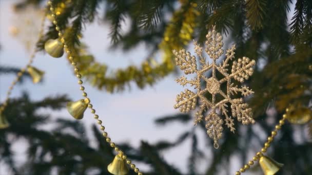 Grüner Weihnachtsbaum Geschmückt Mit Goldenem Weihnachtsschmuck Einem Frostigen Winterabend Den — Stockvideo