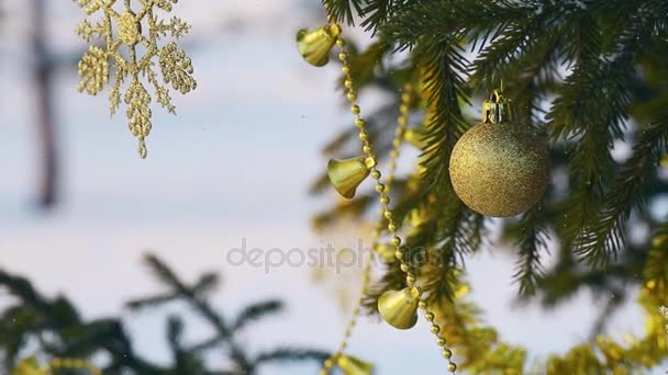 凍るような冬の夜は 夕日の光線で黄金のクリスマスの装飾で飾られたクリスマス ツリーの緑 — ストック動画