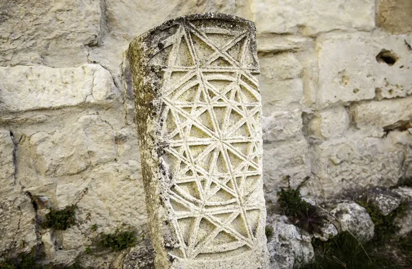 Pedra Medieval Com Símbolos Detalhe Arte História — Fotografia de Stock