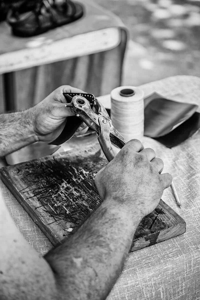 Man Working Leather Detail Person Working Your Hands — Stock Photo, Image